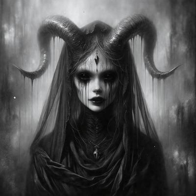 The primary subject of the image is a woman with horns, wearing a black dress and a veil. She has a demonic appearance, and her eyes are wide open. The setting is a dark, moody environment, with a background that includes a wall and a sky. The visual style is a black and white illustration, giving the image a dramatic and intense atmosphere. The colors and mood are predominantly dark and mysterious, with the woman's horns and the overall composition creating a sense of fear